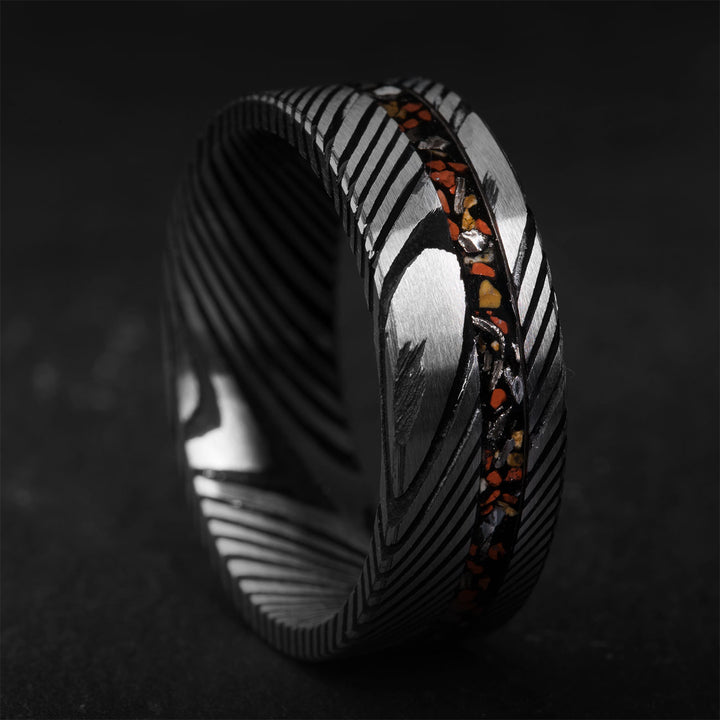 Damascus steel ring with dinosaur bone inlay - The Miracle