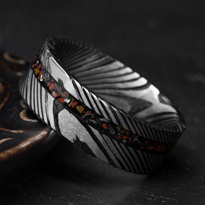 Damascus steel ring with dinosaur bone inlay, The Miracle