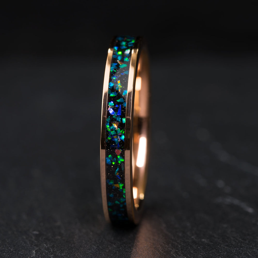 Rose gold tungsten wedding band, 4mm, flat design, with blue and green opal and abalone inlay.
