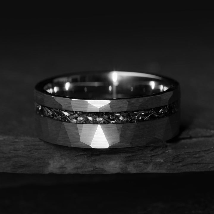 Silver Tungsten Meteorite Ring with Faceted Design