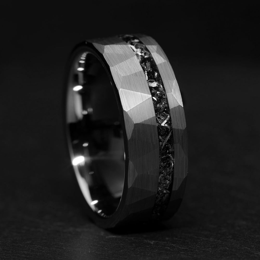 The Origin tungsten wedding band, 8mm, hammered finish, Muonionalusta meteorite inlay, for product page.