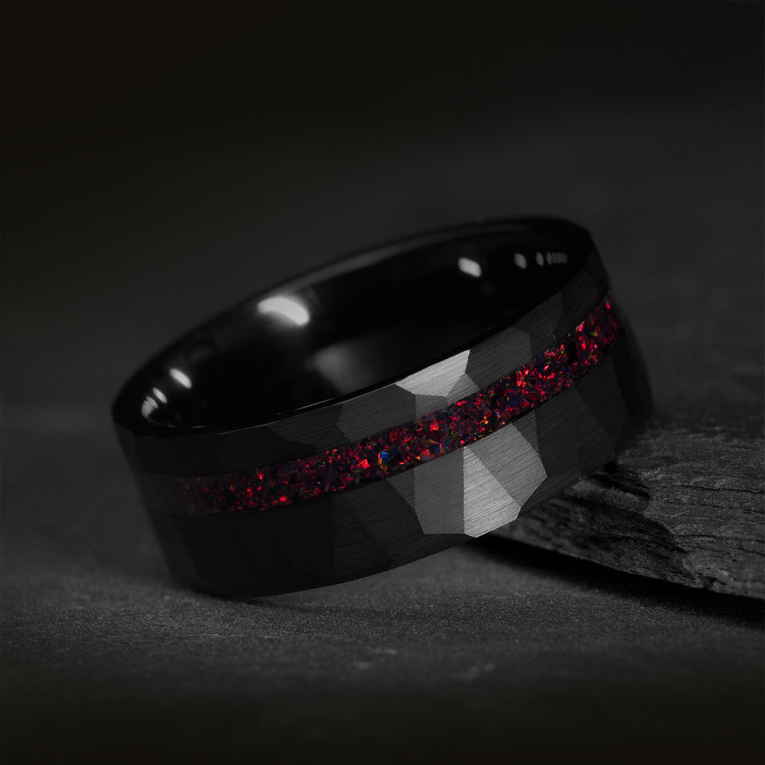Black tungsten ring with red starry sky opal inlay