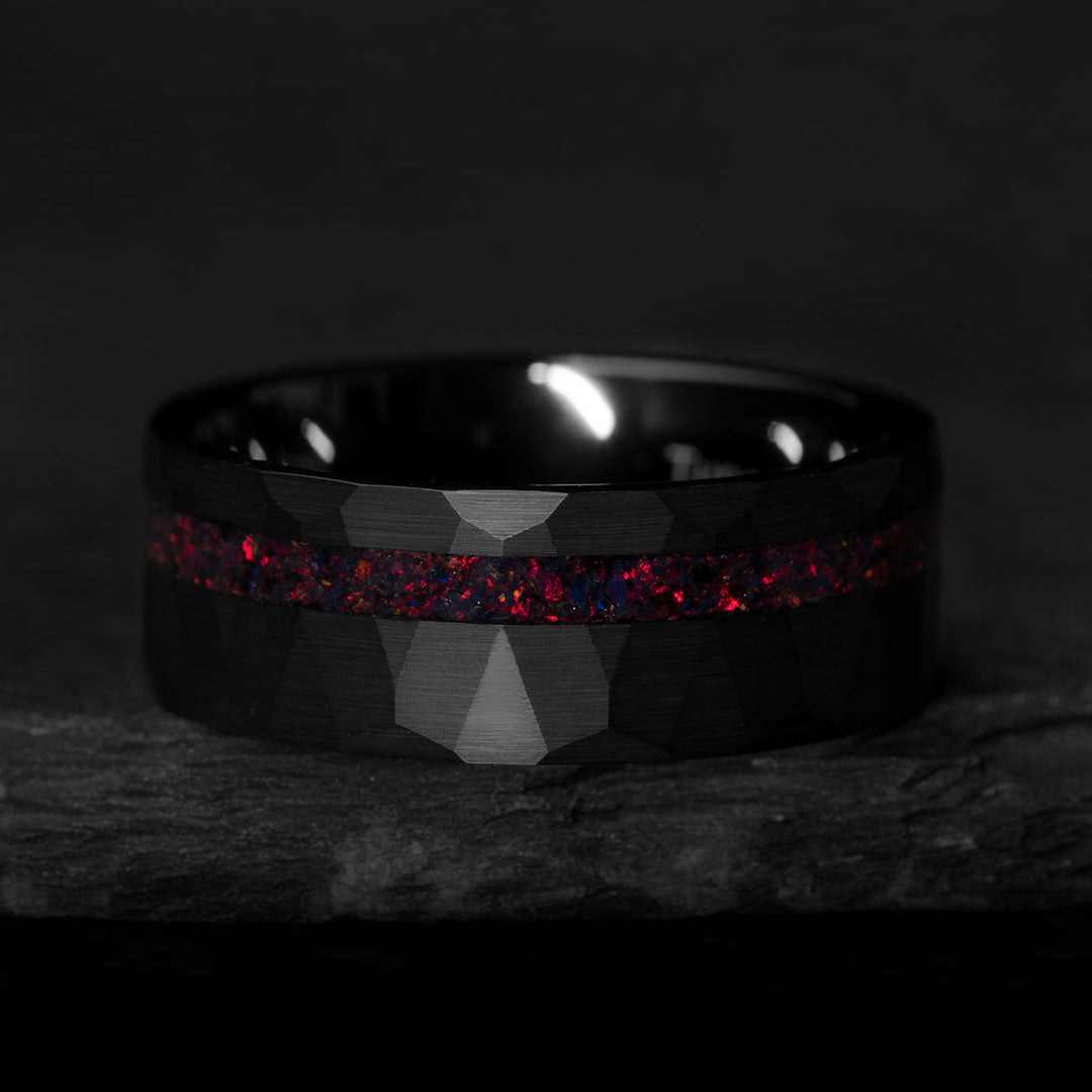 Black hammered tungsten ring with red opal inlay - The Overlord