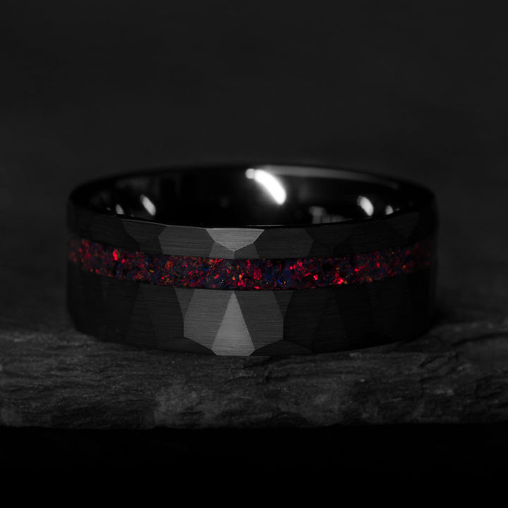 Black hammered tungsten ring with red opal inlay - The Overlord