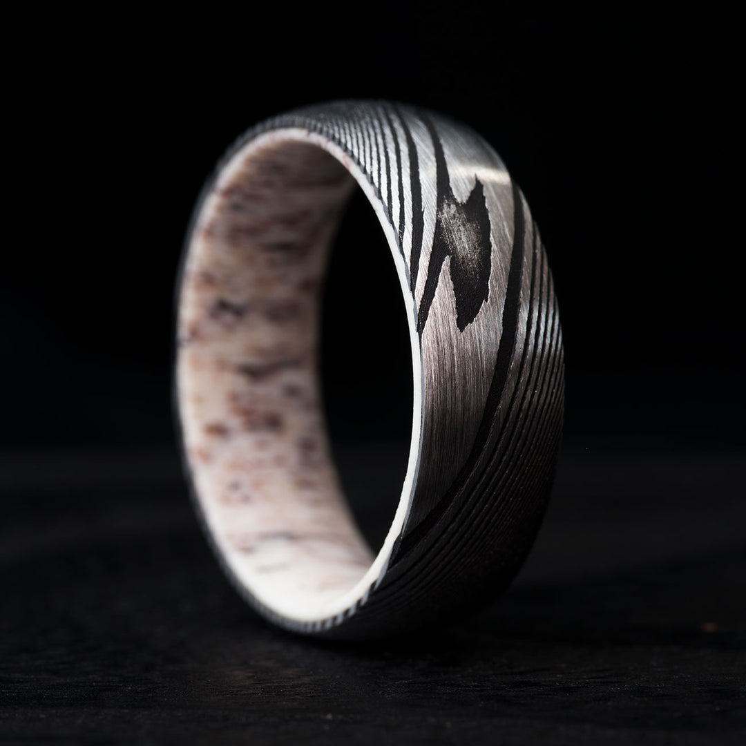 Men's Damascus steel antler ring, The Paladin