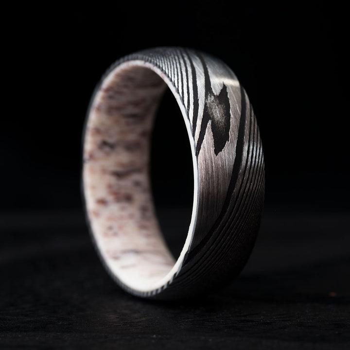 Men's Damascus steel antler ring, The Paladin