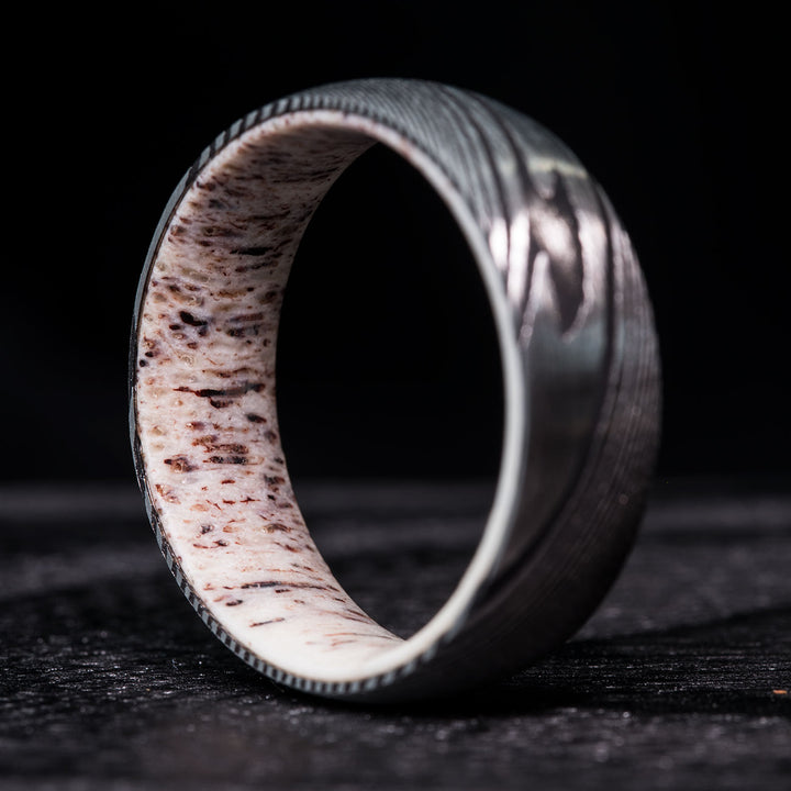 Men's Damascus steel ring with antler inlay, The Paladin