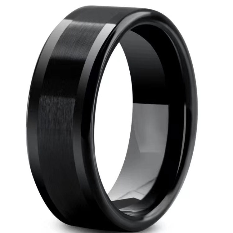 The Record Producer black tungsten carbide ring, 8mm domed band with brushed center and polished edges, product display.