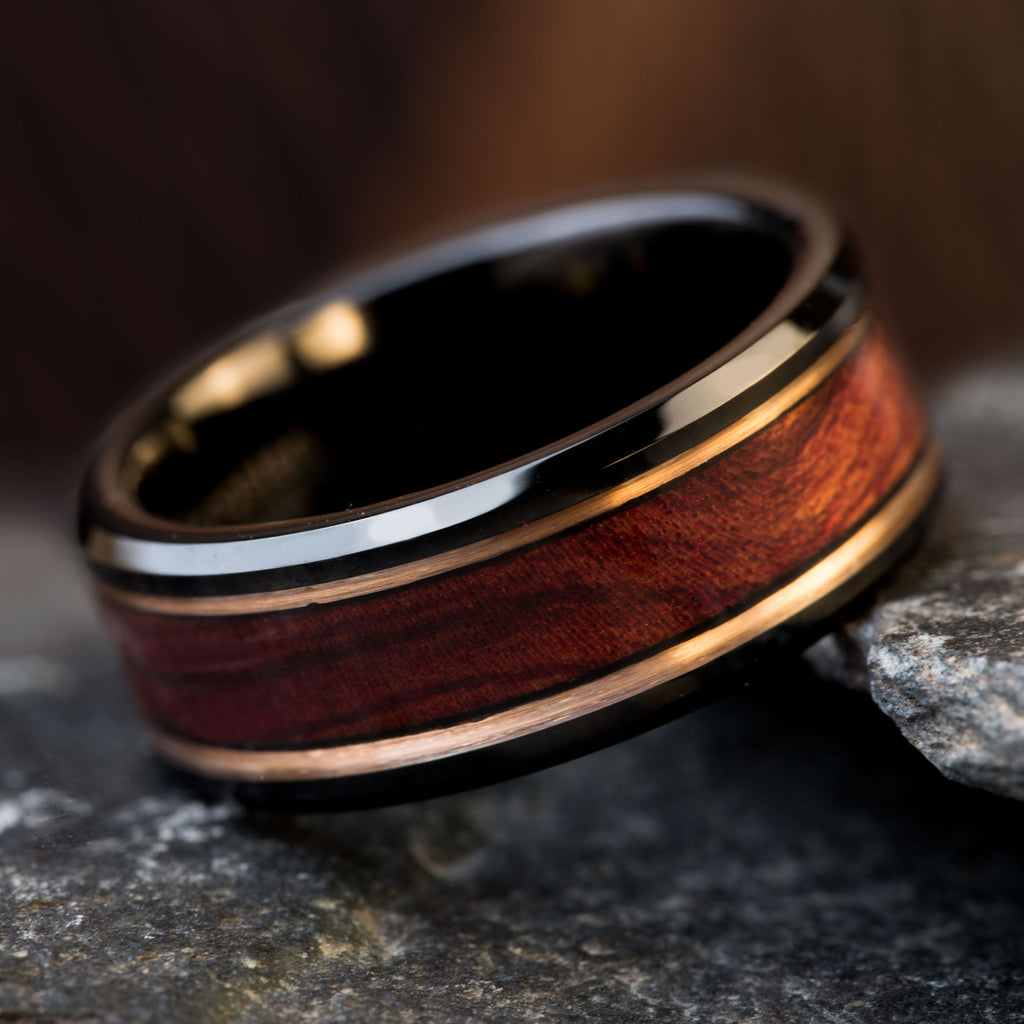 Black Tungsten Wedding Ring | Ironwood & Rose Gold Band