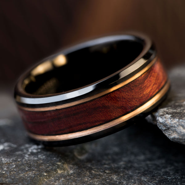 Black Tungsten Wedding Ring | Ironwood & Rose Gold Band