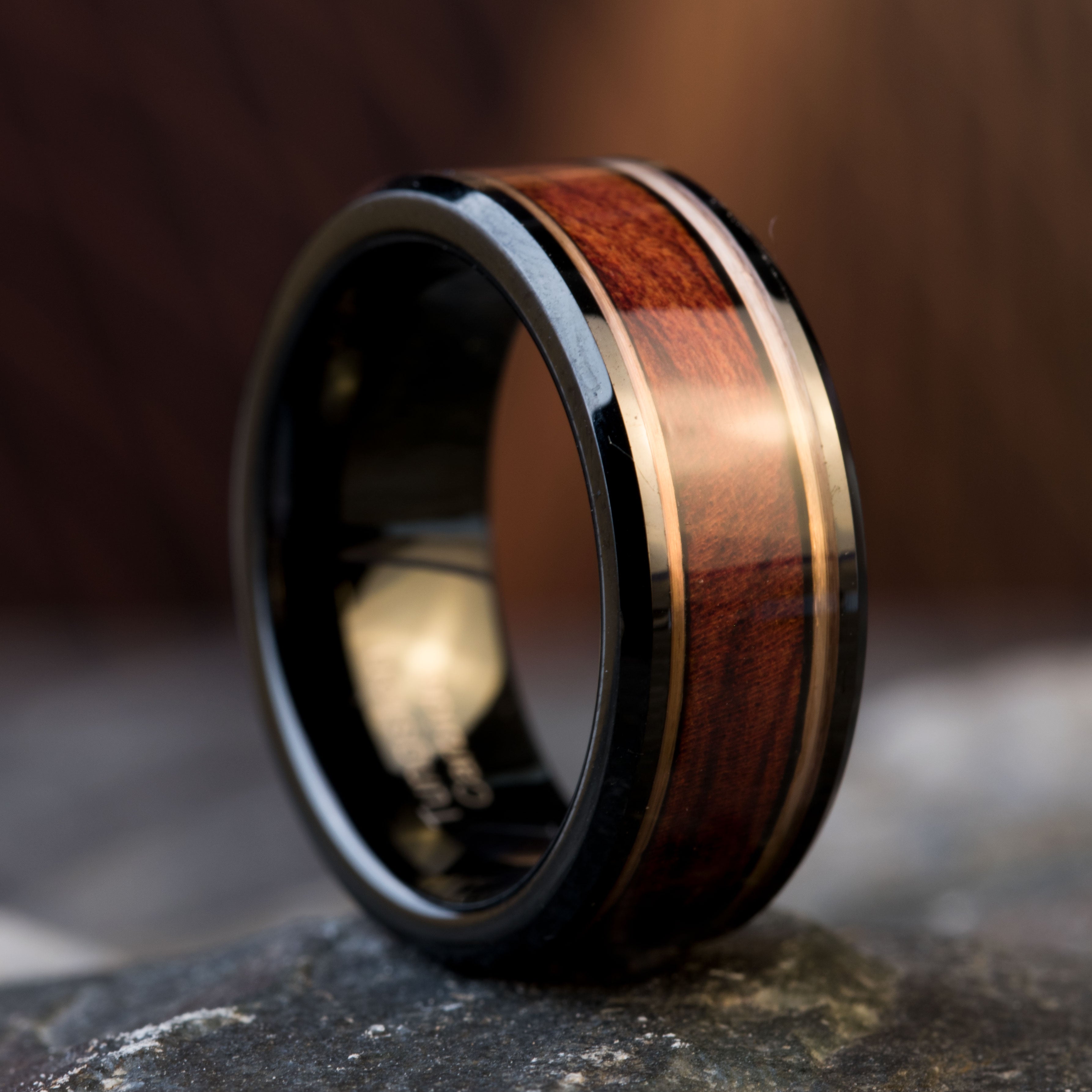 Black Tungsten Wedding Ring | Ironwood & Rose Gold Band