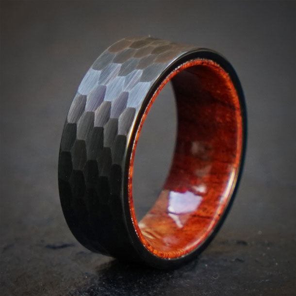 8mm hammered black tungsten ring with glossy Brazilian rosewood inlay. Product display.