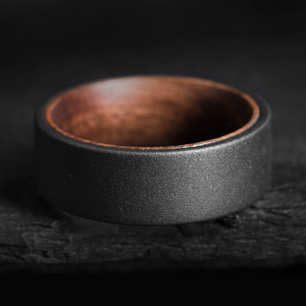 THE SAVANT gray tungsten wedding band with black walnut inlay. Rustic men's ring.