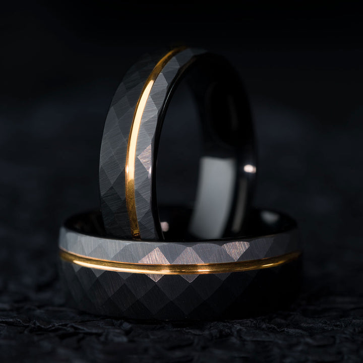 Black and gold hammered tungsten ring, perfect wedding band.