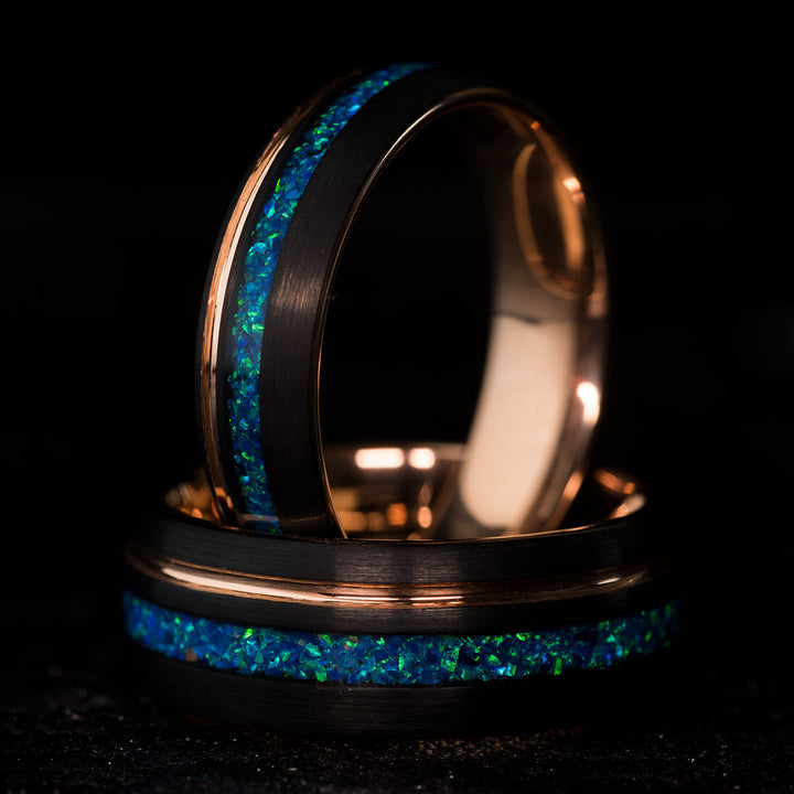 Black tungsten couple's rings with blue opal inlay