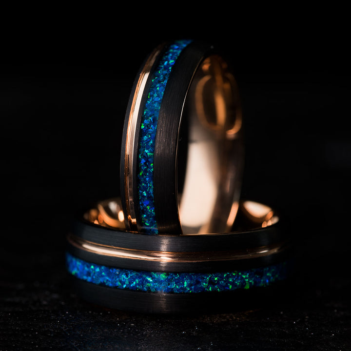 Black tungsten ring with blue opal inlay