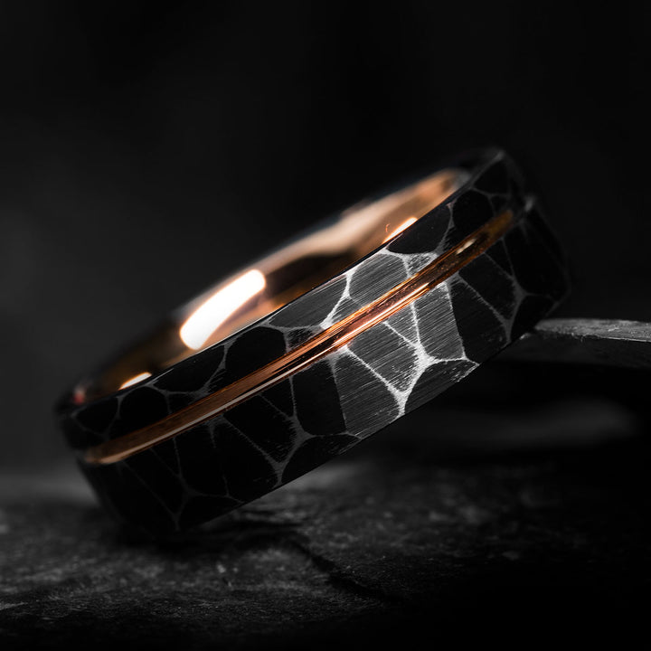 Black tungsten wedding ring with rose gold inlay, THE DARKSUN