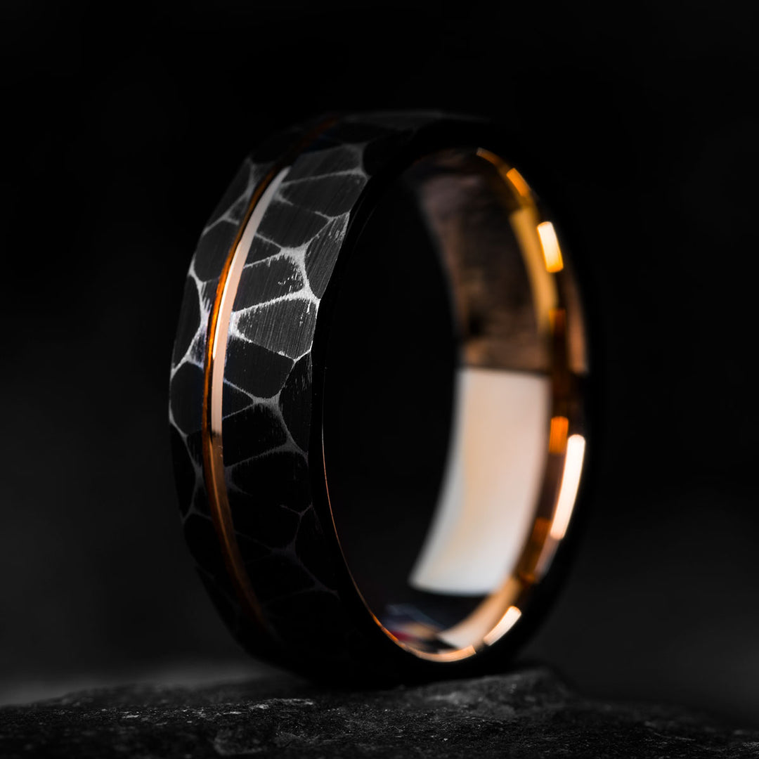 Hammered black tungsten ring with rose gold inlay, THE DARKSUN