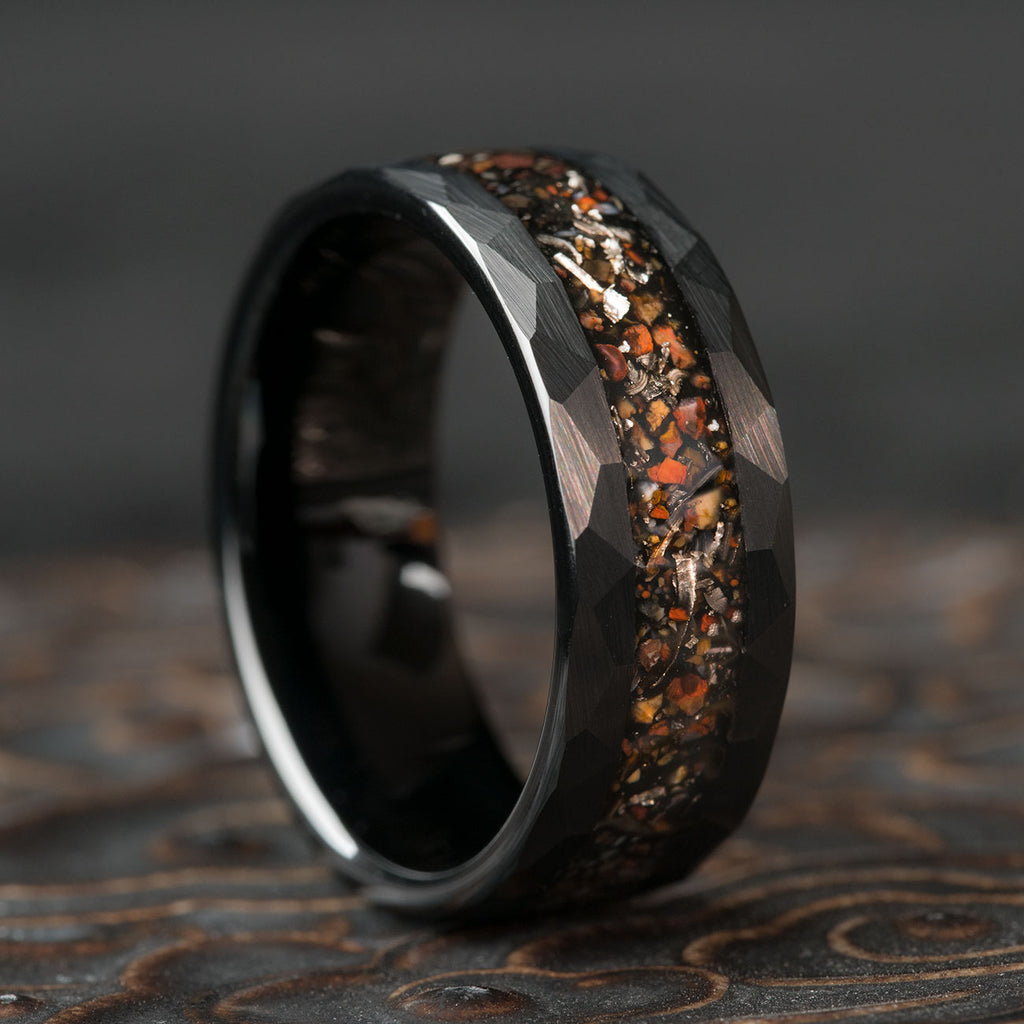 NUNCAD Men's Black Tungsten Wedding Ring – Dinosaur Bone & Meteorite Inlay, 8mm Hammered Edge