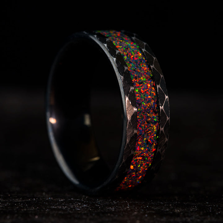 Tungsten ring with opal inlay and hammered texture