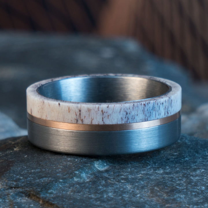 Antler and Tungsten Wedding Ring with Rose Gold Inlay