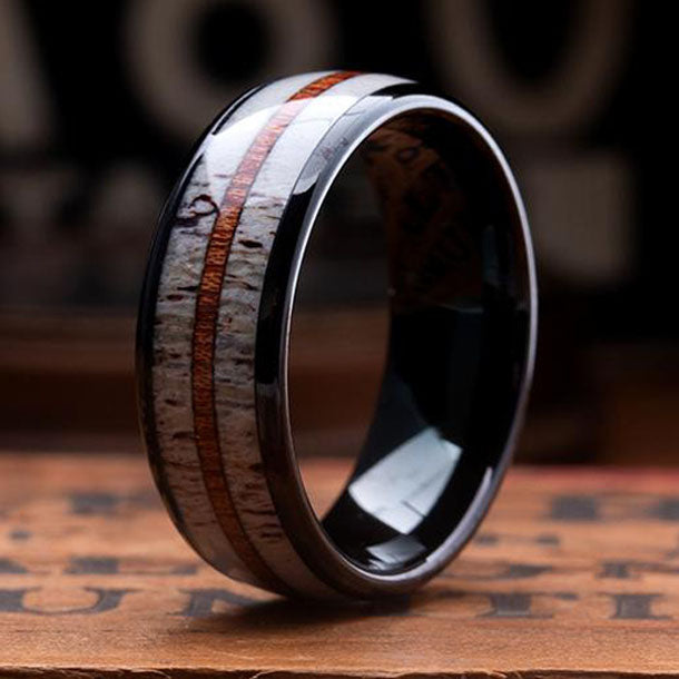 THE-ZEUS - Tungsten-Ring-With-Antler-&-Whiskey-Barrel