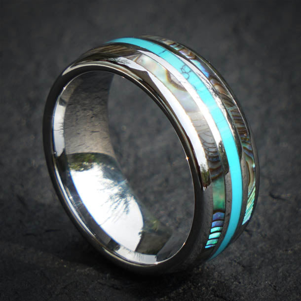 Tungsten carbide wedding band with turquoise and abalone shell inlay, 8mm wide, domed design, comfort fit, product image.