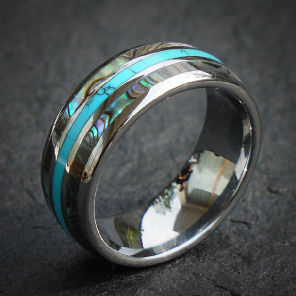 Tungsten carbide ring with abalone shell and turquoise inlay