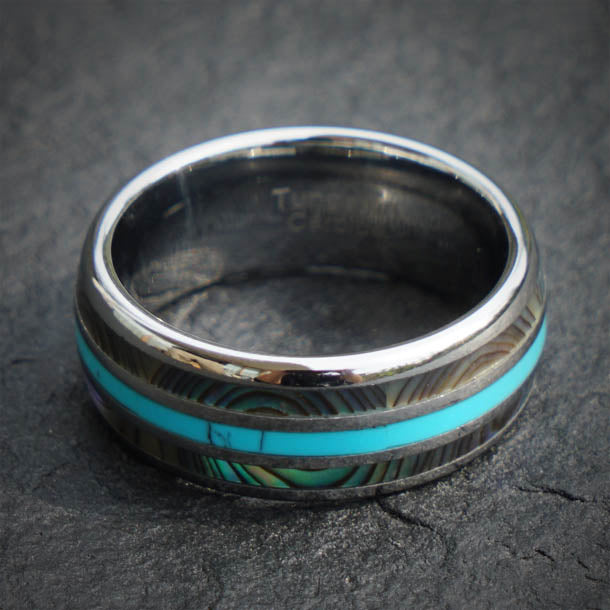 Exotic wedding ring with abalone shell, turquoise inlay, and tungsten band