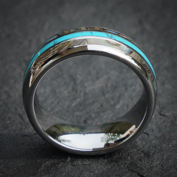 Tungsten ring with abalone shell and turquoise inlay