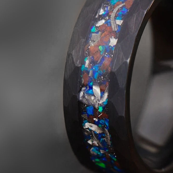 Close-up of The Magician Ring: Tungsten, T-Rex Bone, Opal, and Meteorite