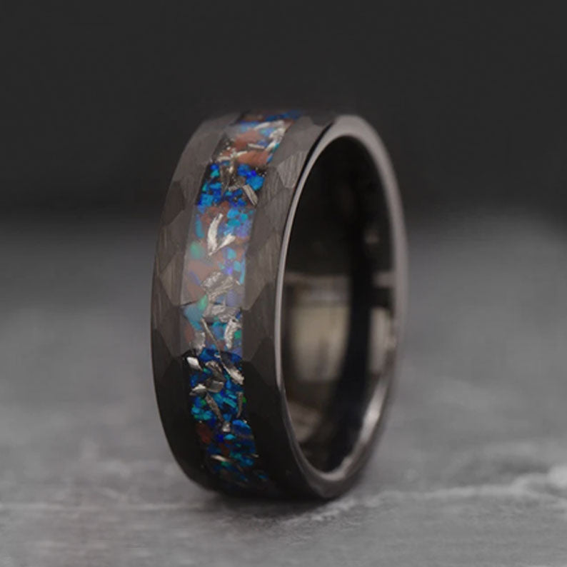 Black tungsten ring with dinosaur bone, opal, and meteorite inlay