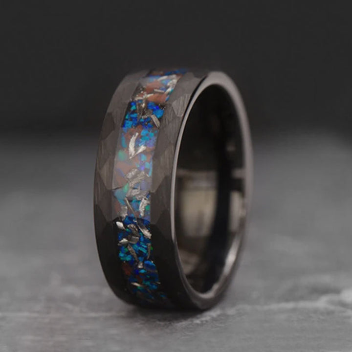 Black tungsten ring with dinosaur bone, opal, and meteorite inlay