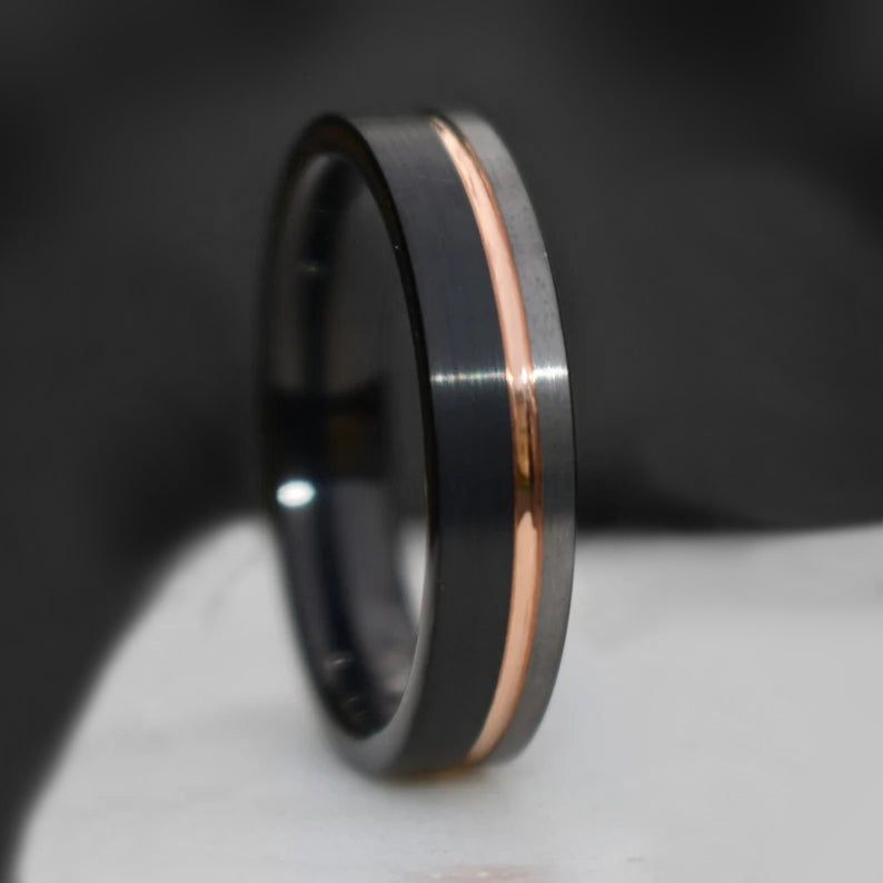 Tungsten Ring with Black, Silver and Rose Gold Stripes