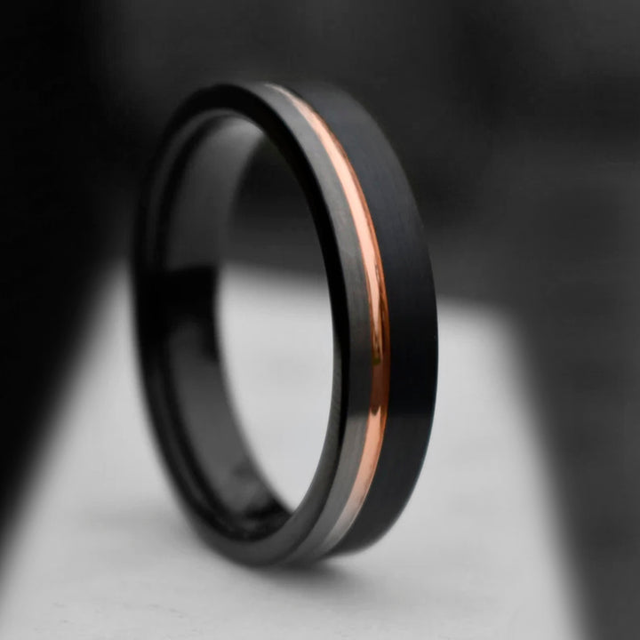 Tungsten ring with black, silver and rose gold stripes, men's wedding band