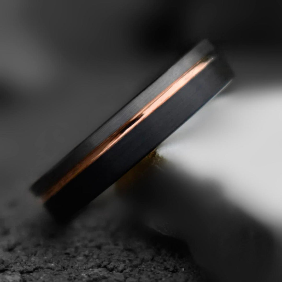 Black tungsten ring with rose gold inlay for men