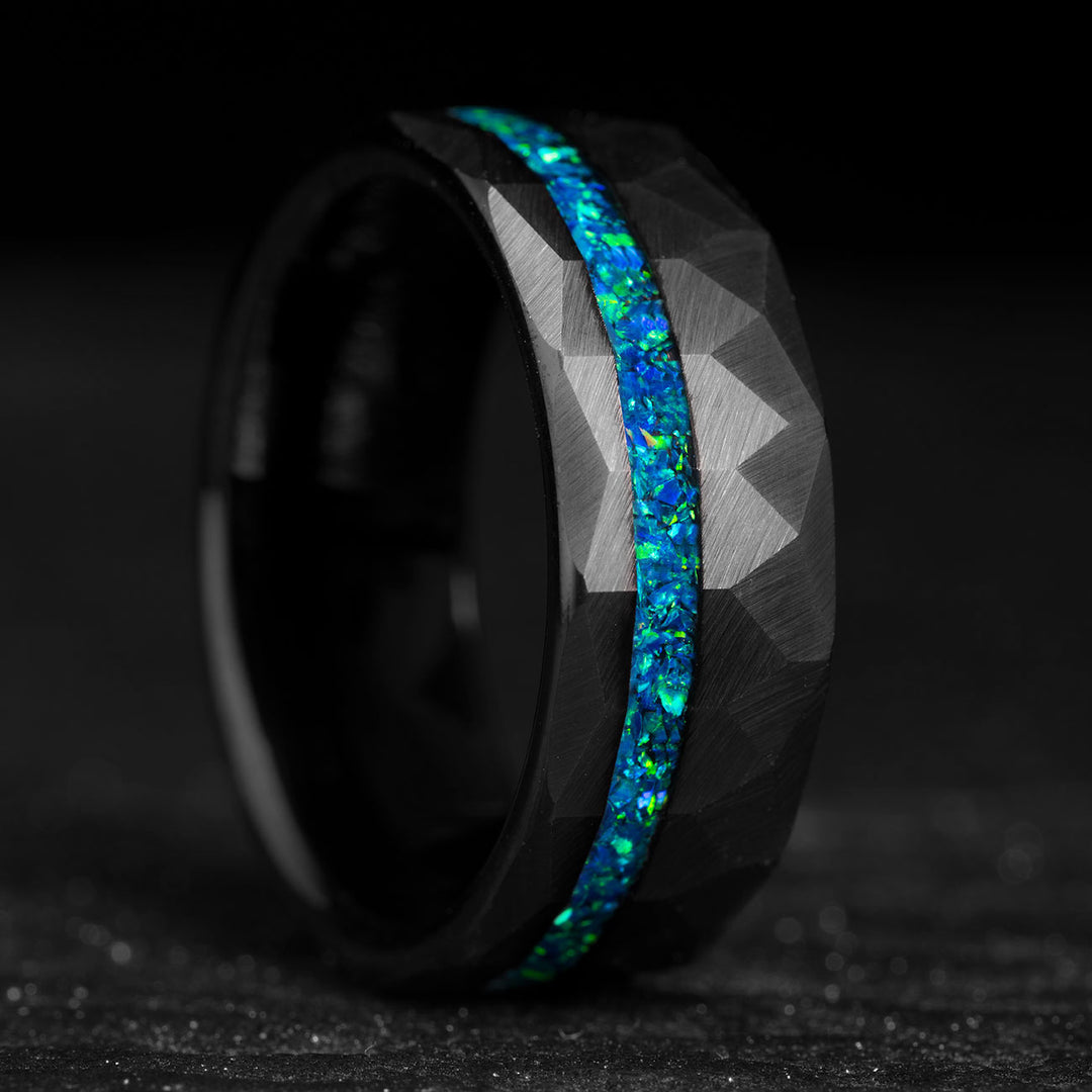 Black tungsten ring with blue opal inlay