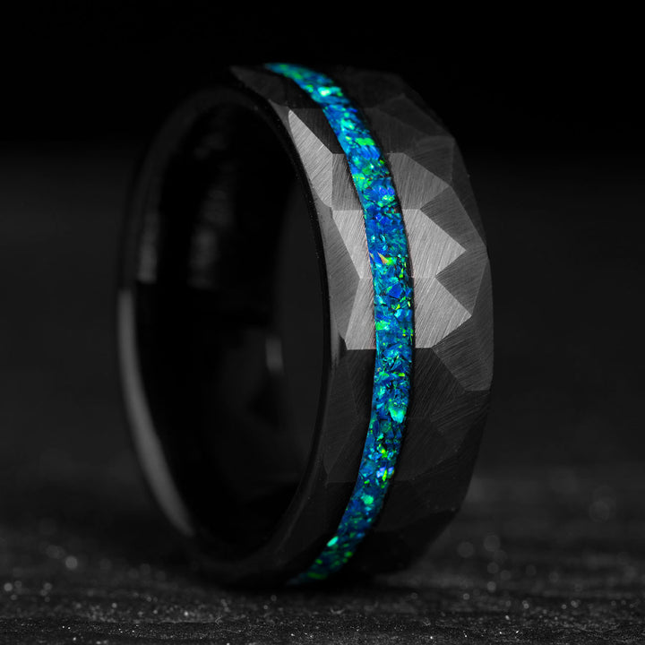 Black tungsten ring with blue opal inlay