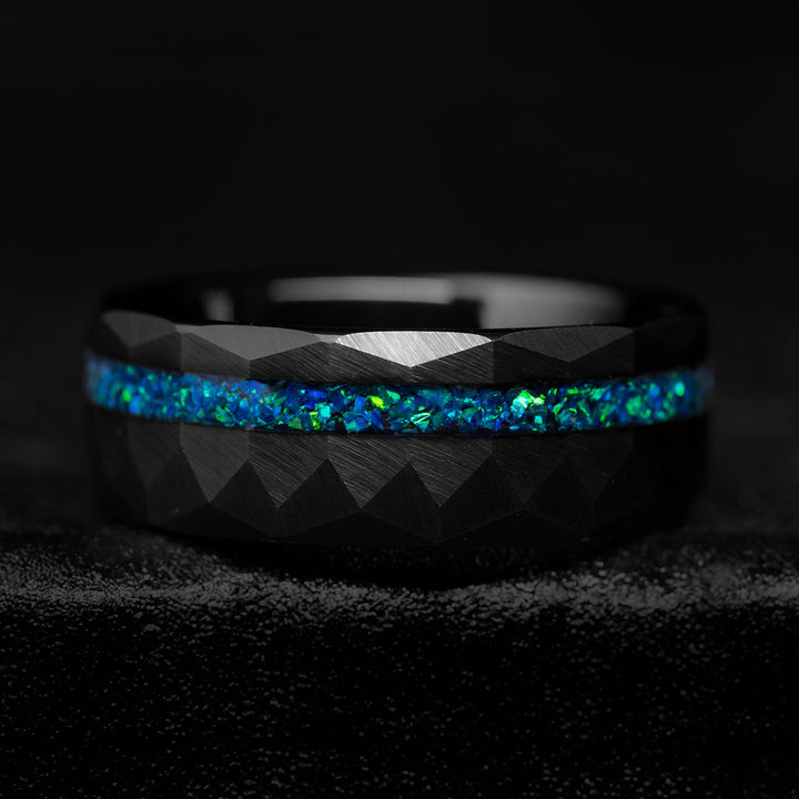 Hammered black tungsten ring with blue opal inlay
