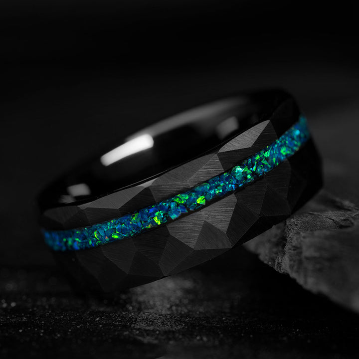 Black tungsten ring with blue opal inlay, geometric design