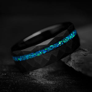Hammered black tungsten ring with ocean blue opal inlay, 8mm wide, wedding ring, product image.