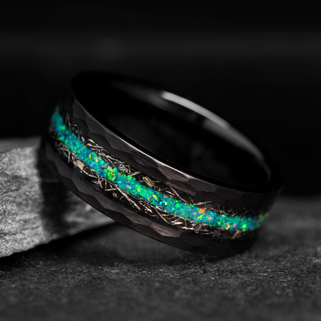 Black Tungsten Ring with Blue and Green Opal Inlay - The Star Marks