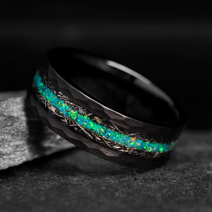 Black Tungsten Ring with Blue and Green Opal Inlay - The Star Marks