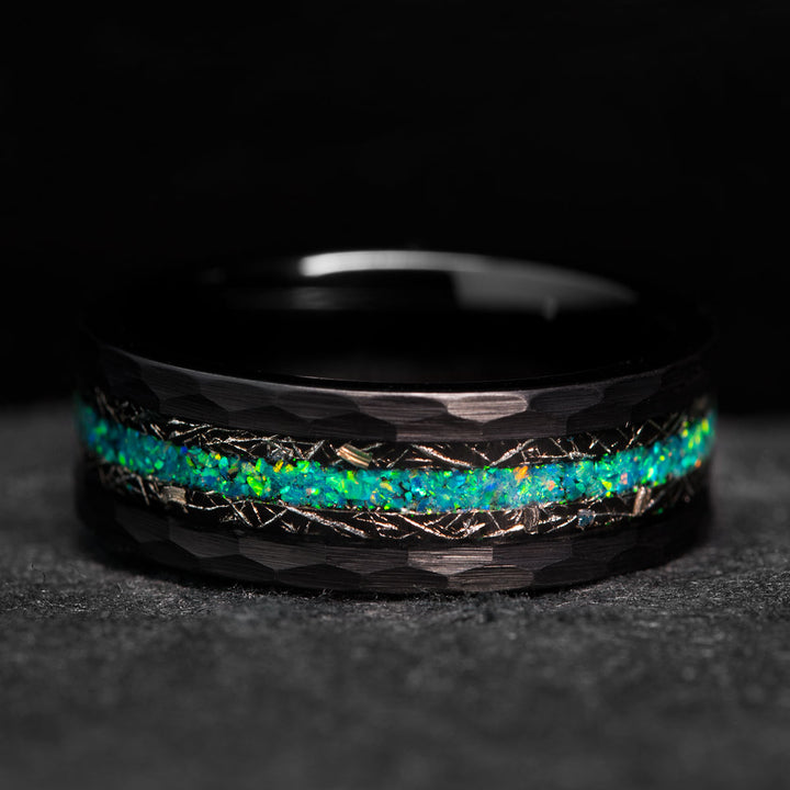 Black tungsten ring with crushed opal and meteorite inlay