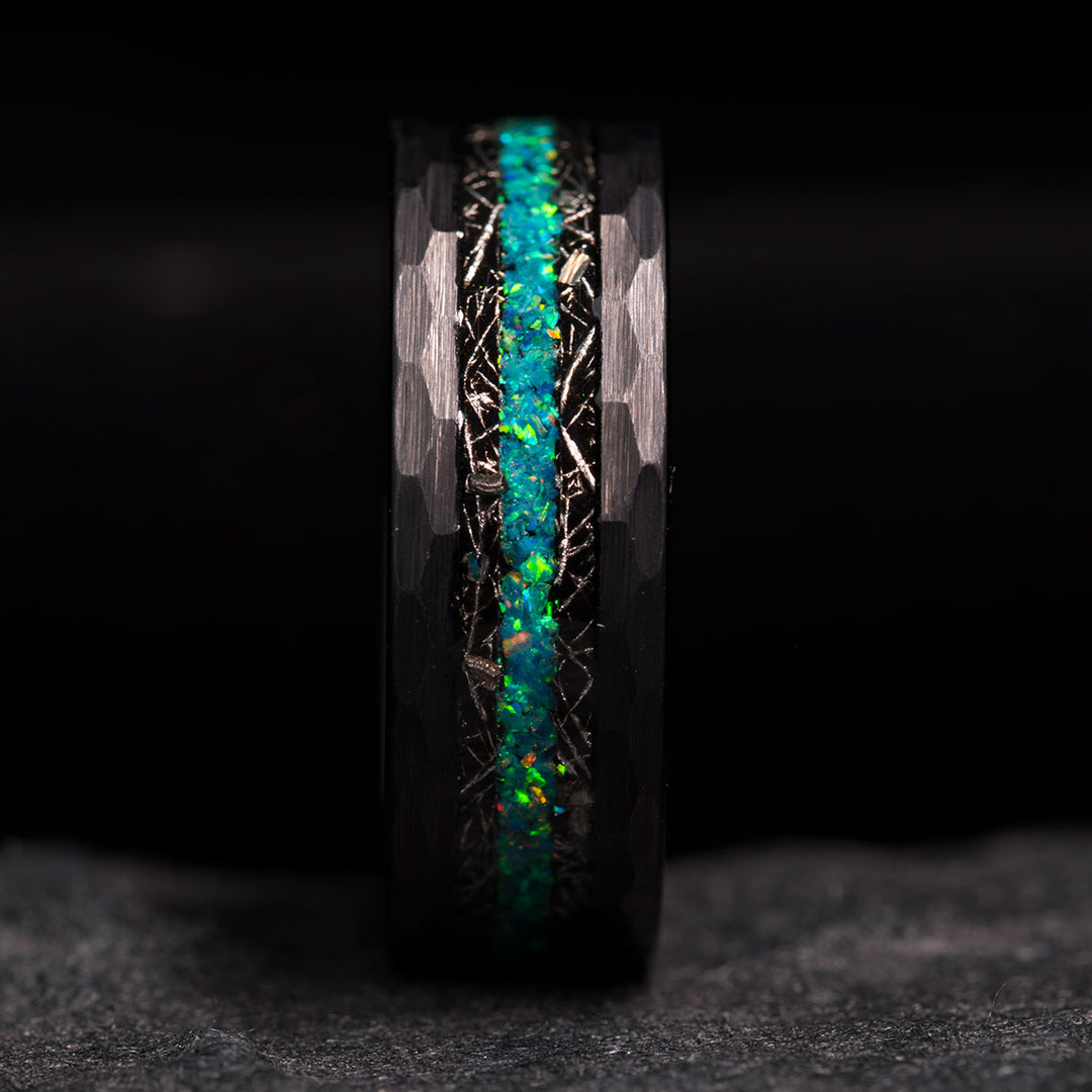 Black tungsten ring with blue opal inlay, The Star Marks