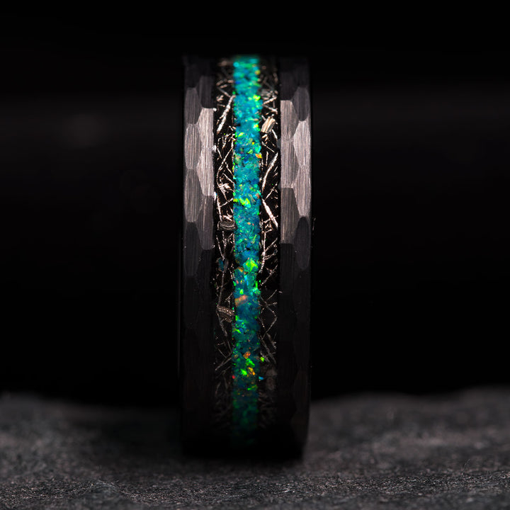 Black tungsten ring with blue opal inlay, The Star Marks