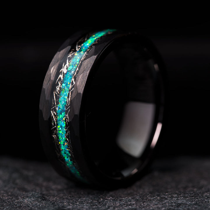 Black tungsten ring with opal inlay, The Star Marks