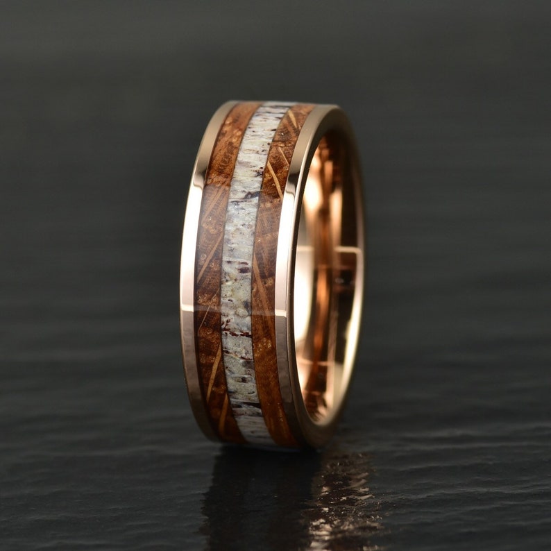 Rose gold whiskey barrel wood and antler ring
