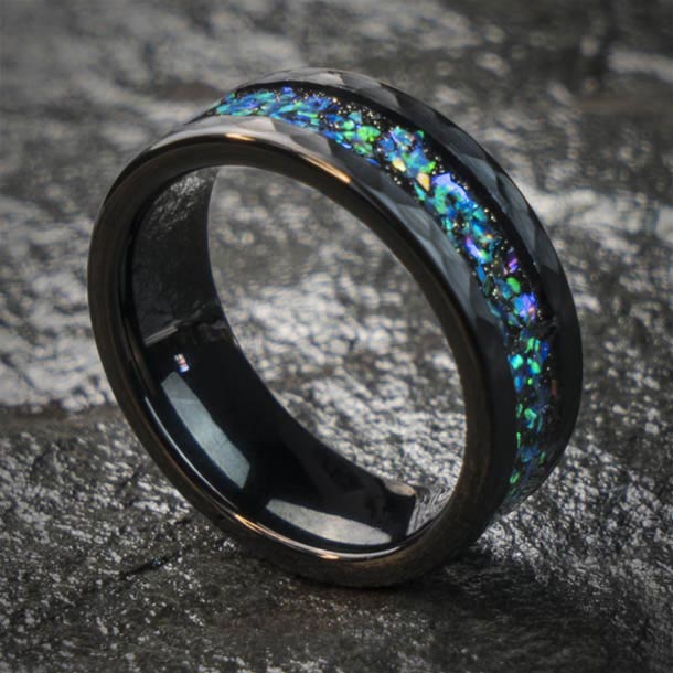 Black tungsten wedding band with starry sky opal inlay