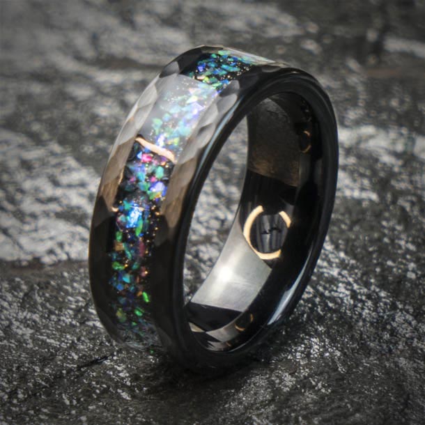 Hammered tungsten ring with starry opal inlay